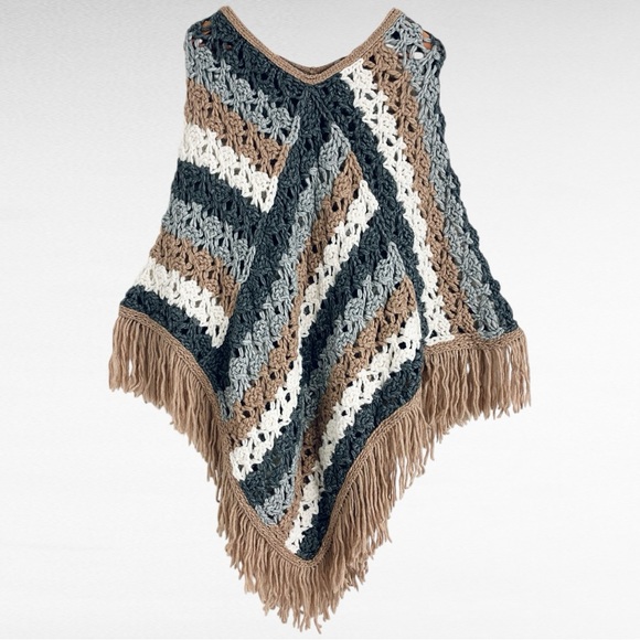 Massimo Dutti | Crochet Striped Poncho Alpaca Wool Blend Fringed Cozy Poncho - Picture 6 of 6